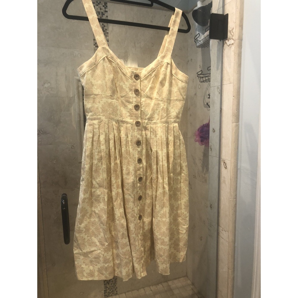 Anthropologie Maeve Dragonfly Floral Button Fit Flare Dress Yellow White 8